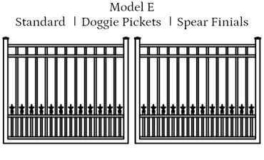 Illustration of decorative metal fence panels with doggie pickets and spear finials.