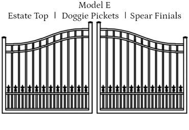 Wrought iron gate with estate top and doggie pickets.