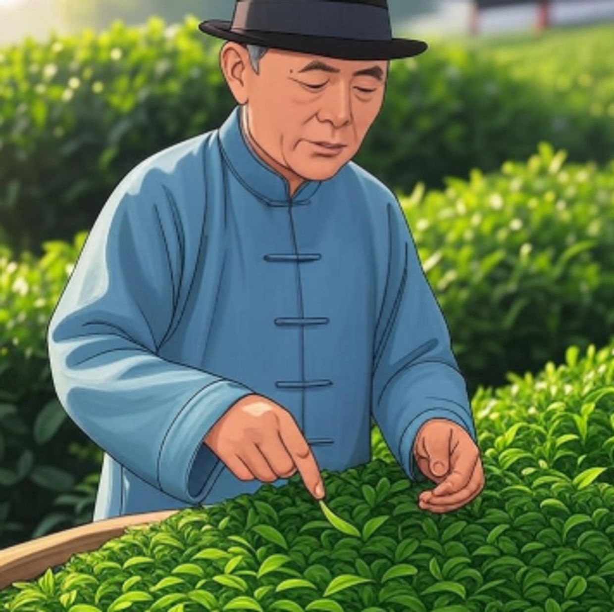 Elderly man in traditional attire picking tea leaves in a lush garden.