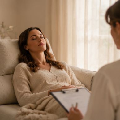 Femme en état de détente profonde lors d’une séance d’Hypnose, évoquant le calme intérieur