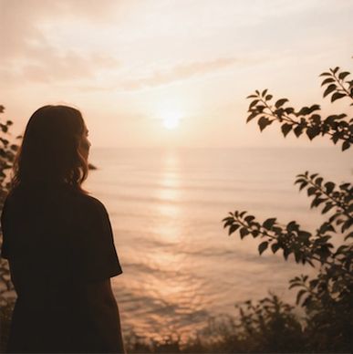 Femme marchant sur un sentier au bord de la mer au coucher du soleil