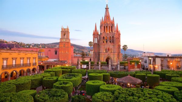 Vista de una plaza con iglesia y arbustos podados en México.