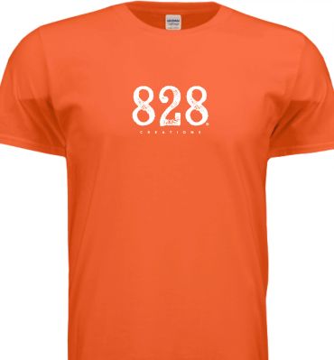 Orange t-shirt with white "828 Creations" logo on chest.