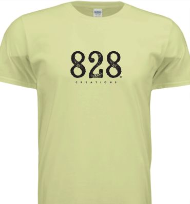 Light yellow t-shirt with black '828 Creations' text design.