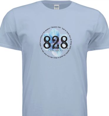 Light blue t-shirt with "828 Creations" and a flower design in the center.