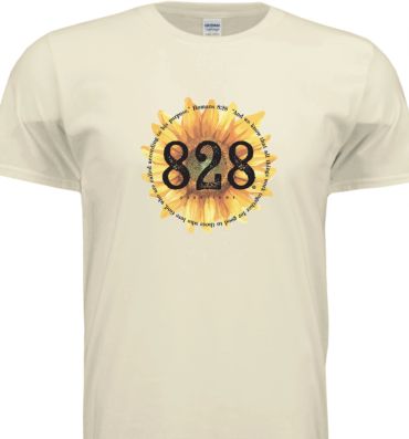 Cream t-shirt with sunflower and 828 design in black text with Romans scripture.