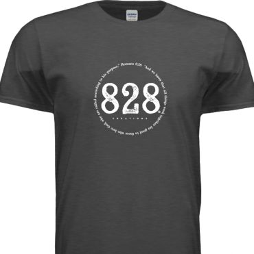 Dark gray T-shirt with a white circular 828 Creations logo and Romans Bible verse text.