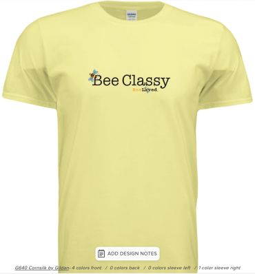Yellow T-shirt with 'Bee Classy' text and bee graphics. BeeLoved apparel.