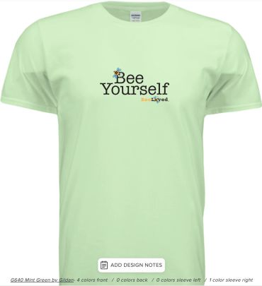 Mint green t-shirt with 'Bee Yourself' and bee graphics design. BeeLoved apparel.