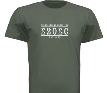 Olive green t-shirt with white text logo E2OEC and EST 2025.