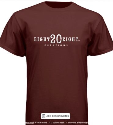 Brown T-shirt with white text logo "EIGHT 20 EIGHT CREATIONS".