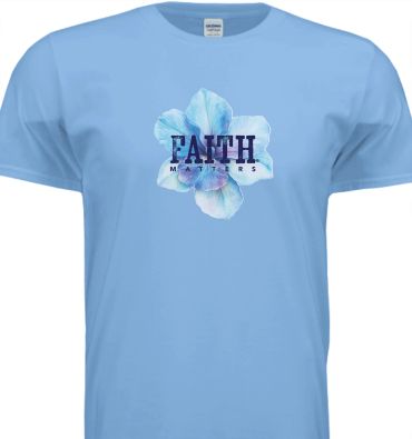Light blue T-shirt with a floral design and 'FAITH MATTERS' text.