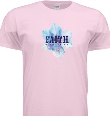 Light pink t-shirt with blue flower and 'Faith Matters' text design.