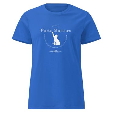 Blue T-shirt with white text and a cat graphic pawing at 'Faith Matters' text.