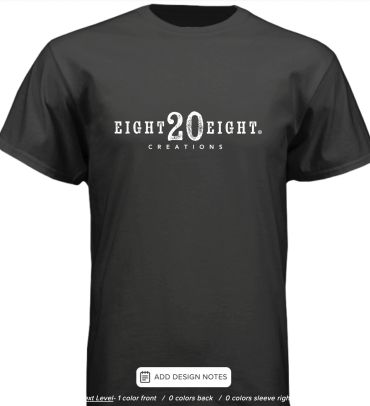 Black t-shirt with white 'EIGHT 20 EIGHT CREATIONS' text logo.