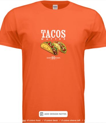 Orange t-shirt with "Tacos Matter" and taco illustrations.