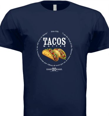 Navy blue t-shirt with taco illustration and text 'Tacos Matter'.