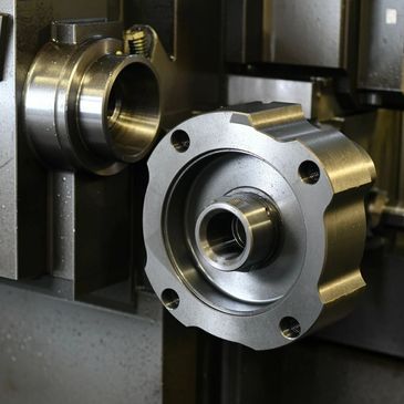 Close-up of a precision metal component in a machine shop.