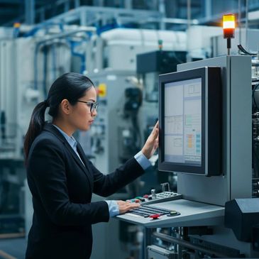 Woman operating a control panel in an industrial setting.