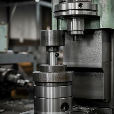 Close-up of a metal industrial machine part in a workshop.