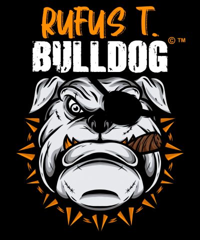 Angry bulldog with an eye patch and cigar.