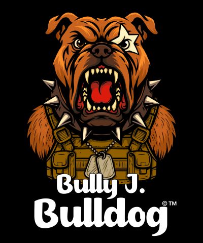Bully J. Bulldog from The Blazing Bulldogs - a fierce cartoon bulldog with spiked collar, dog tags, and military vest.