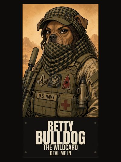 Anthropomorphic bulldog soldier with military gear and badges.