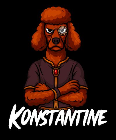 Illustration of a serious poodle named Konstantine with a monocle.
