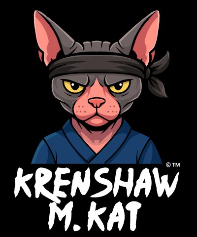 Cartoon cat in martial arts attire with headband.