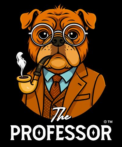 The Professor from The Blazing Bulldogs - a bulldog scholar in goggles / glasses and an orange coat, smoking a pipe.