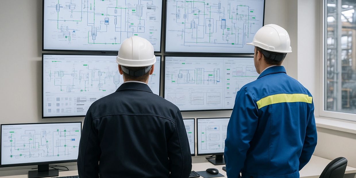 Two engineers monitor complex system diagrams on multiple screens in a control room.