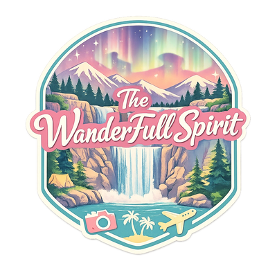 Logo with a waterfall, mountains, and aurora labeled 'The WanderFull Spirit'.