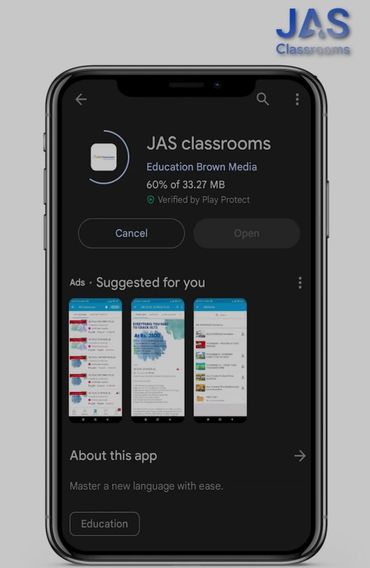 Mobile screen showing JAS classrooms app downloading from Play Store.