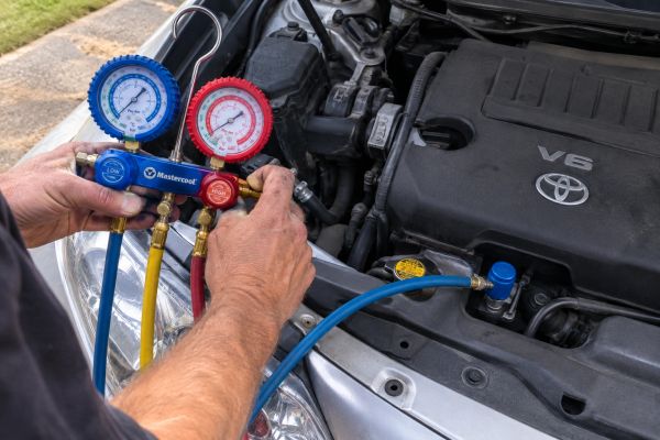 Man checking car air conditioning with gauges.