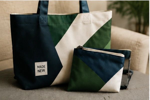 Stylish tote and pouch bags with geometric patterns.