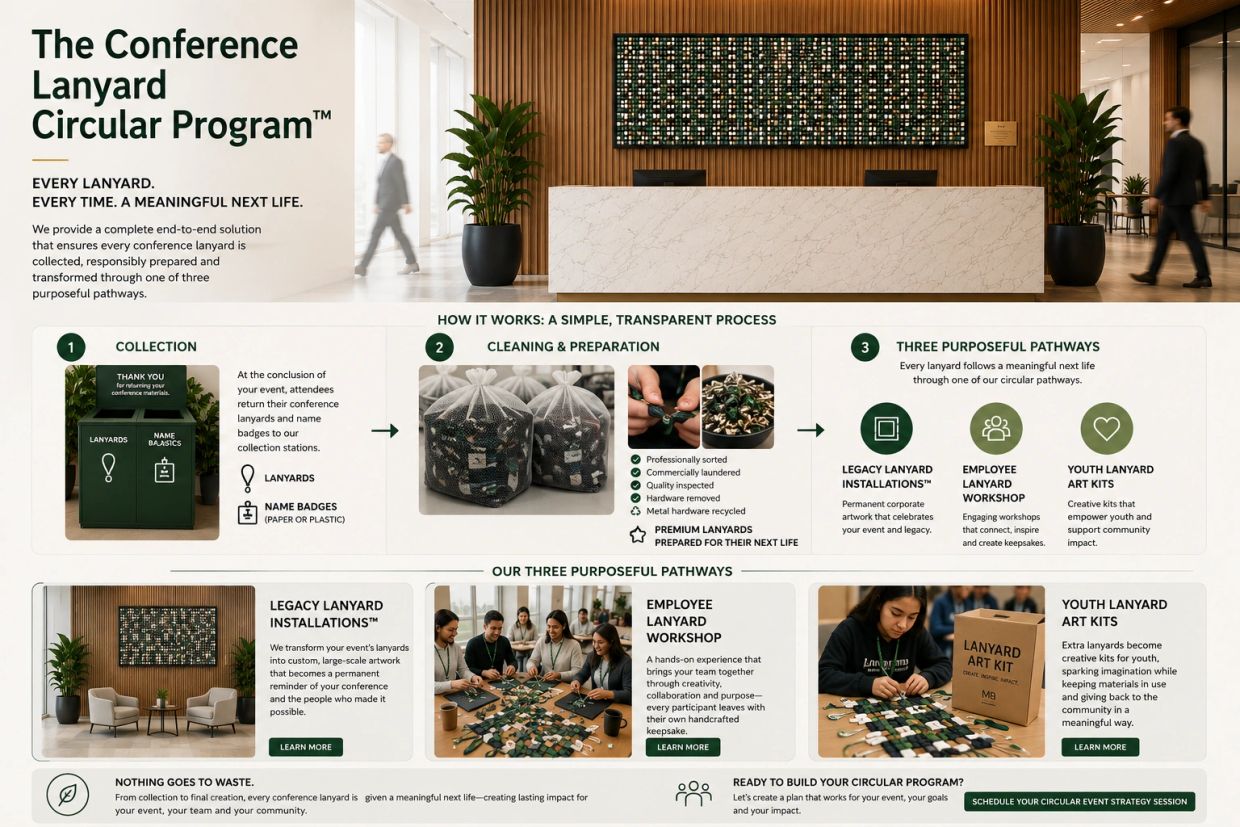 Conference lanyard recycling and repurposing program explained.