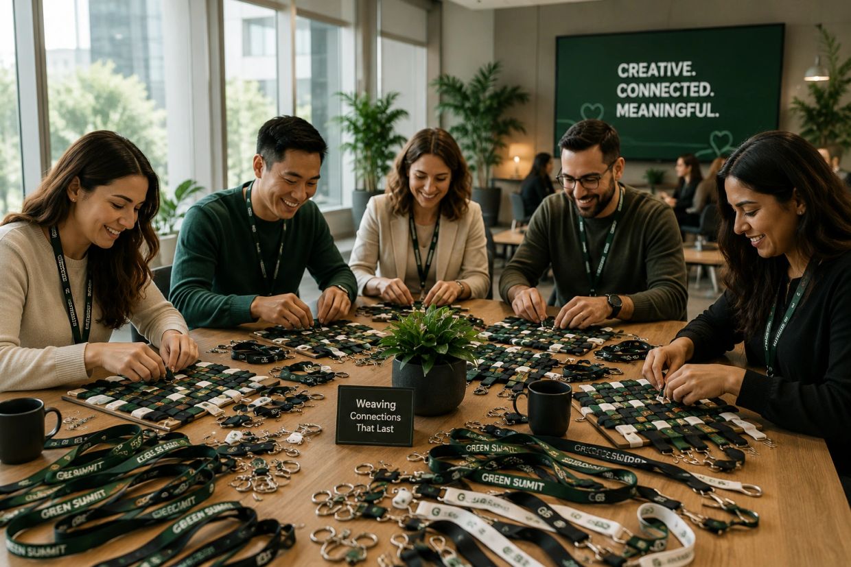 Group weaving lanyards together at a table.