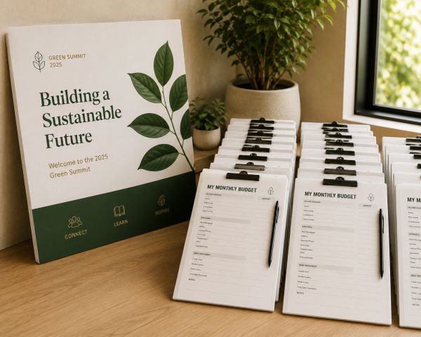 Sign and clipboards for the 2025 Green Summit on sustainability.