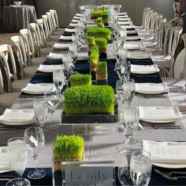 Elegant dining table with green plant centerpieces.