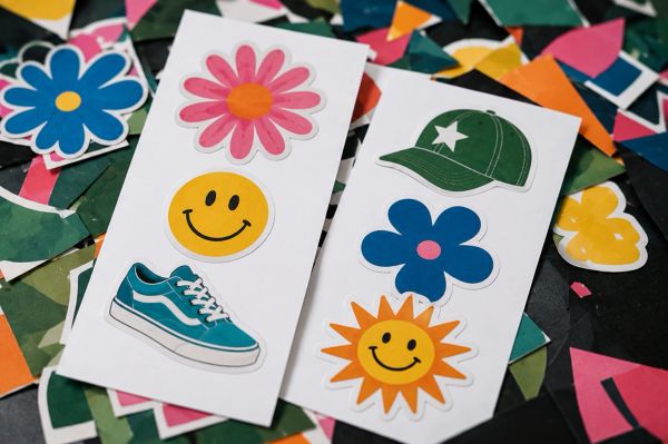 Two sheets with colorful stickers of flowers, smiley faces, a shoe, and a cap.