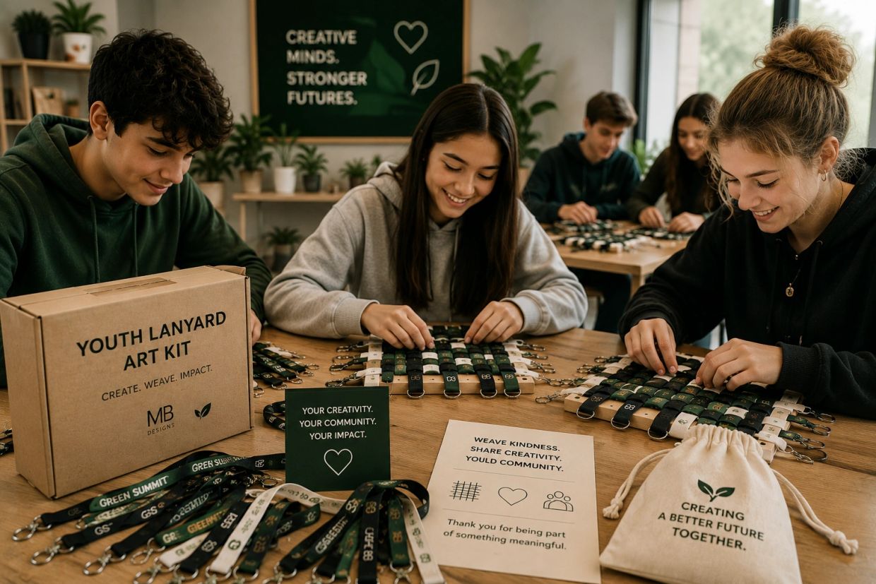 Teens weaving lanyards from a youth art kit with positive messages.