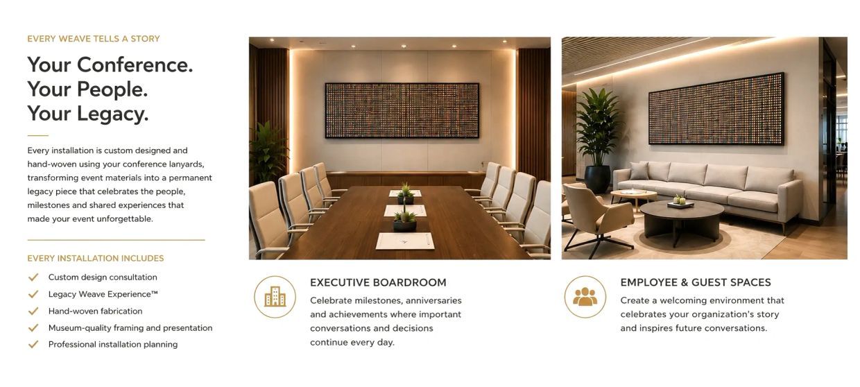 Custom hand-woven conference legacy art for boardrooms and guest spaces.