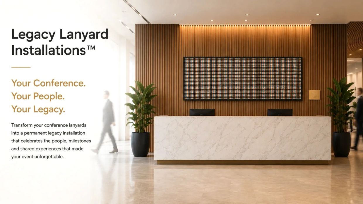 Modern office reception with legacy lanyard display.