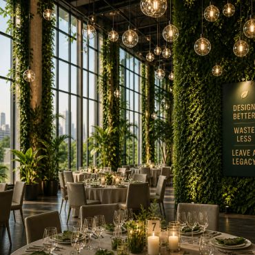 Elegant dining space with greenery and hanging lights.