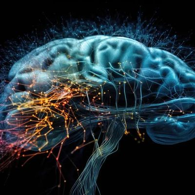 Digital visualization of a brain with neural connections illuminated.