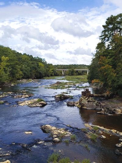 A river with scattered rocks flows through a forested area under a partly cloudy sky.