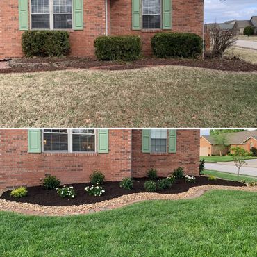 Old shrubs removed, new design with blooming plants, mulch, and rock added in Evansville, IN