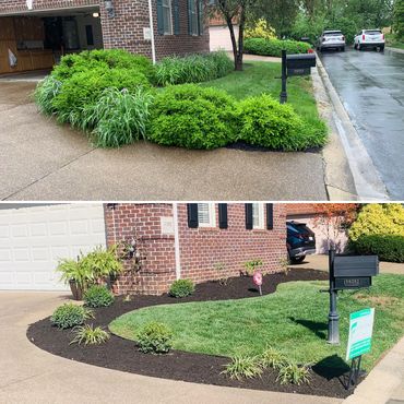 Complete landscape renovation, overgrown shrubs traded for newer, simpler landscaping Newburgh, IN