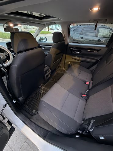 Clean interior of a car showing back seats and sunroof.