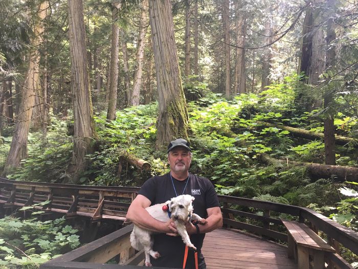 With my pup, Basil, on the boardwalk at the Ancient Forest, a short driving distance east of Prince